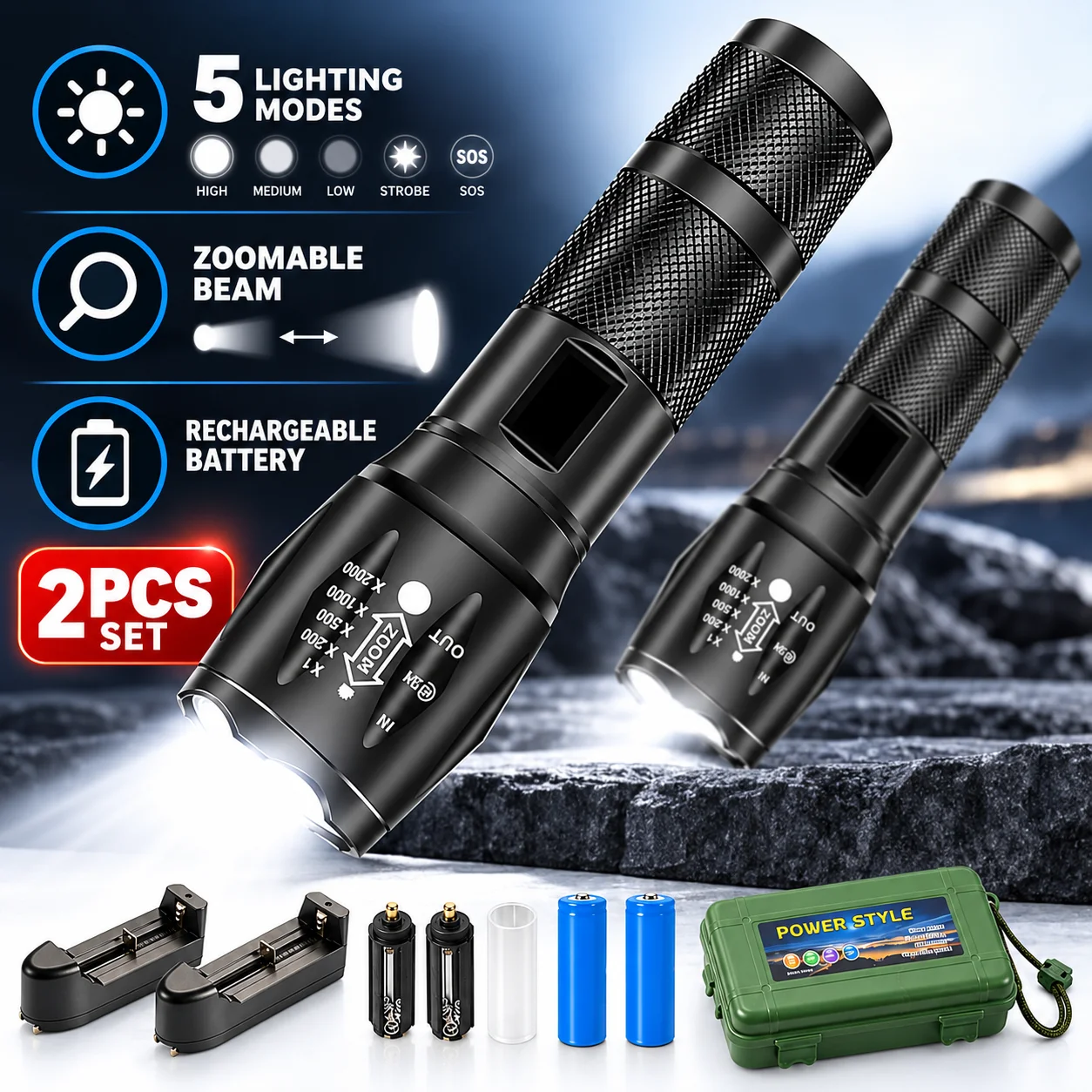 2PCS LED Tactical Flashlight Rechargeable, Super Bright Zoom Flashlight with Adjustable Focus, Portable Waterproof Flashlight Kit with Battery, Charger and Carry Case for Camping Hiking Outdoor Emergency