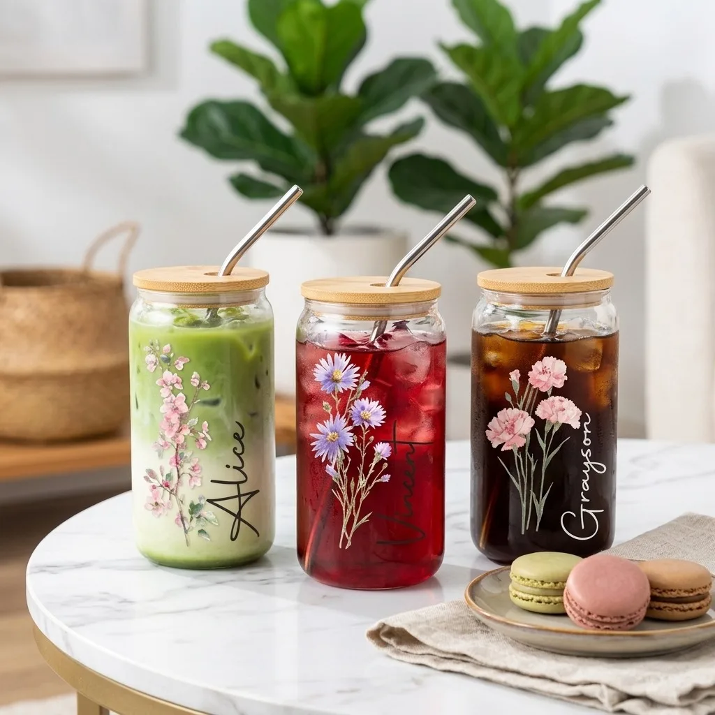 Custom 16oz Wildflower Glass Can Size Chart, Transparent Drinking Jar with Bamboo Cover, Reusable Straw, Custom Floral Pattern.