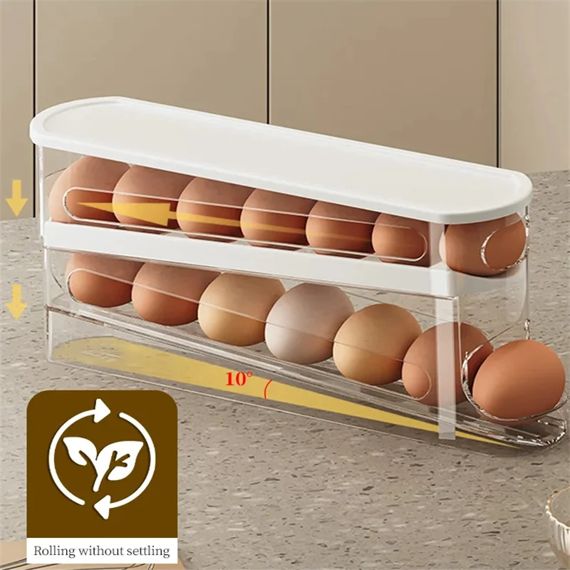 Double Layer Rolling Egg Dispenser Refrigerator Egg Storage Box Automatic Scrolling Egg Holder Household Large Capacity Kitchen