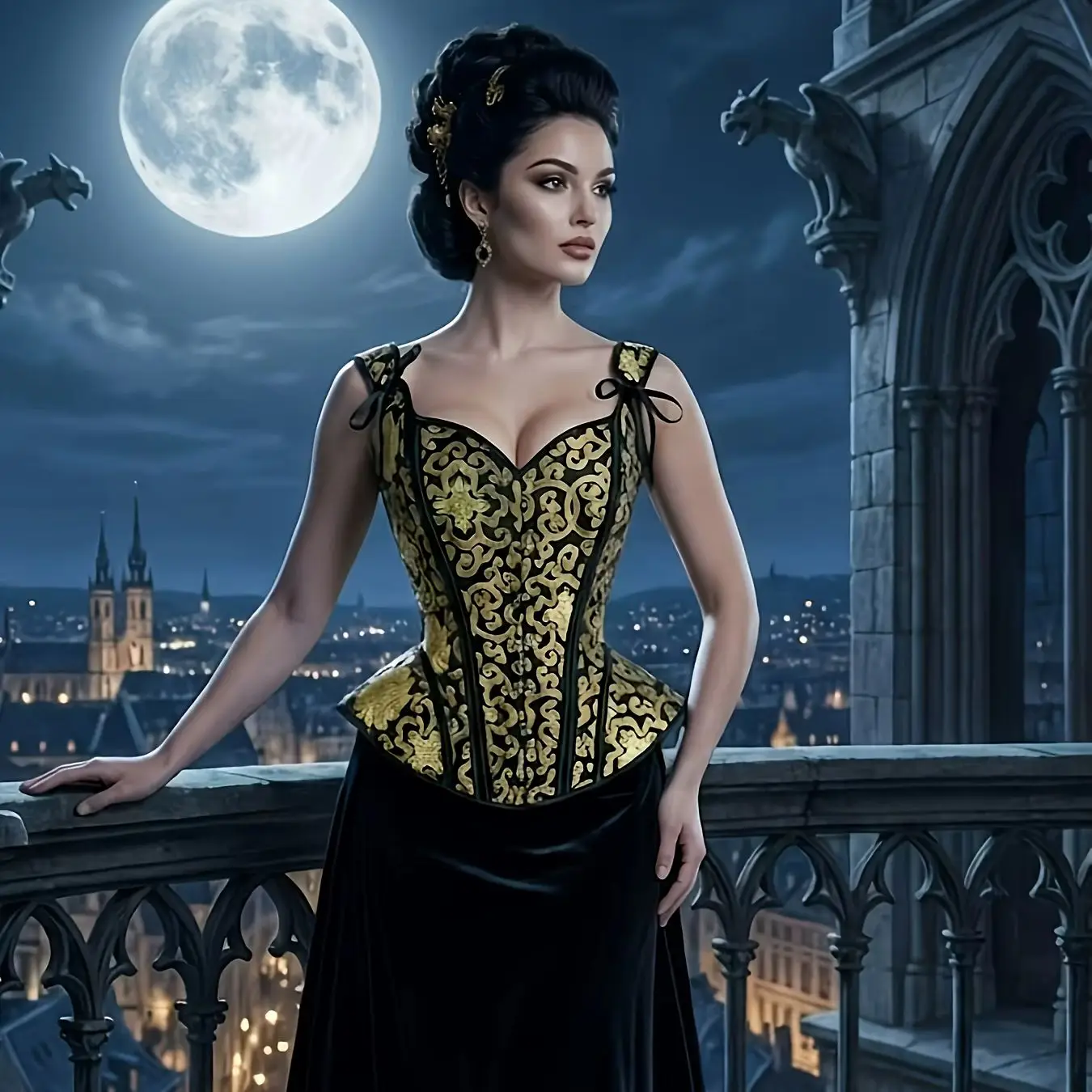 CLOUDY.LEE Women Black Gold Brocade Overbust Corset Top Vintage Victorian Renaissance Bustier Waist Cincher Gothic Costume