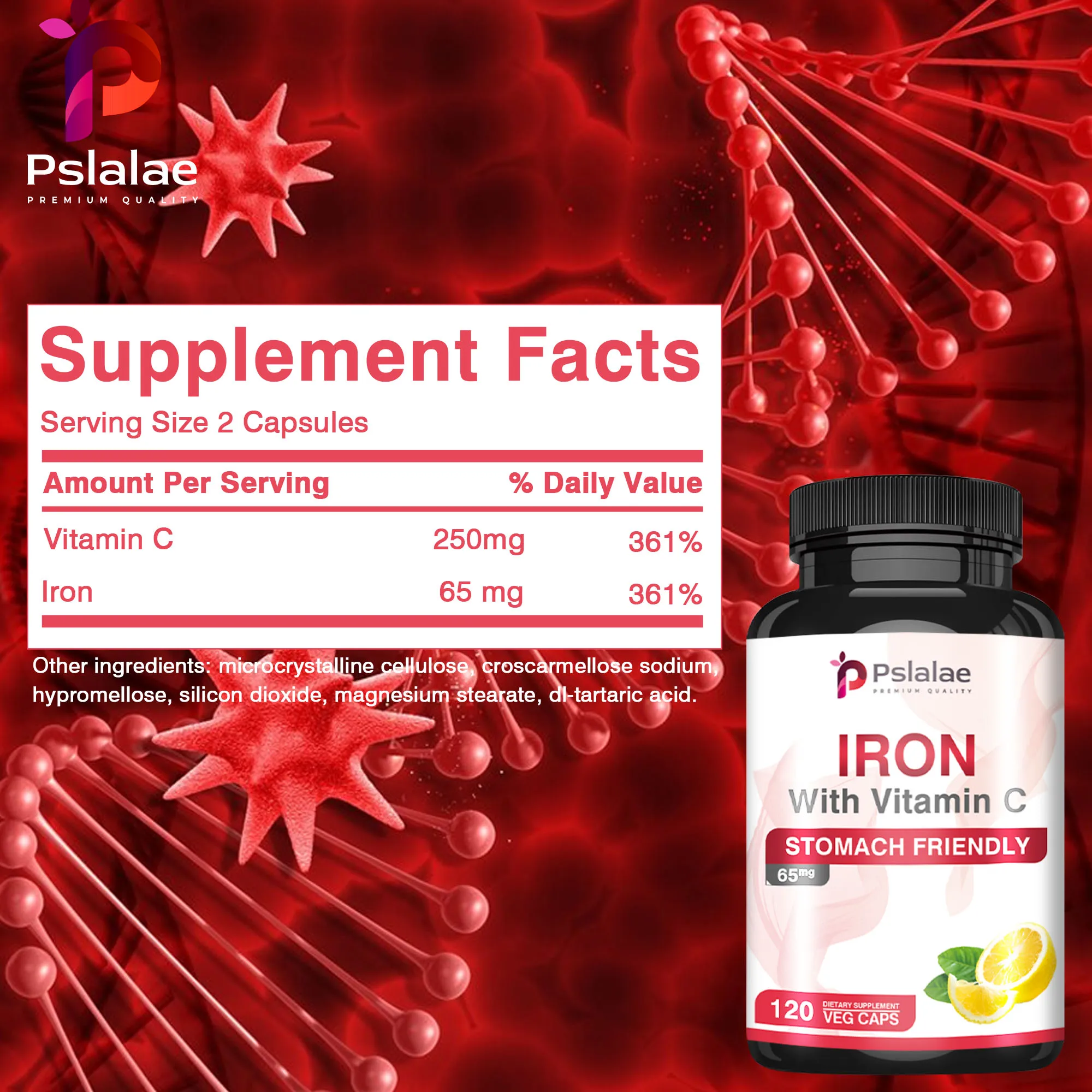 Iron 65 Mg - Supports Blood Cell Production and Promotes Heart, Brain, Muscle and Immune Health - 120 Capsules