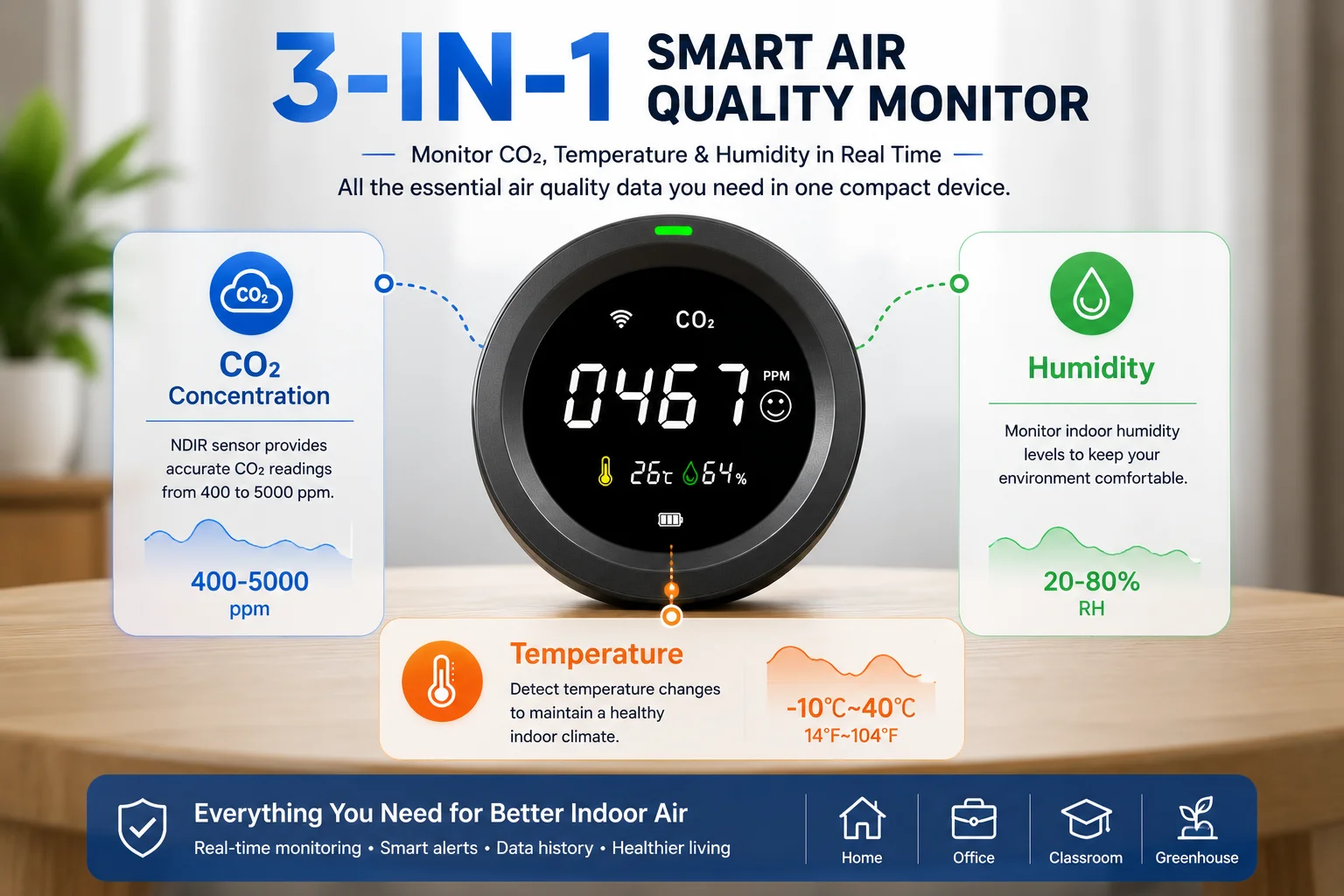 FABISENSE Intelligenter Kohlendioxiddetektor Multifunktionaler Tragbarer Temperatur- und Feuchtigkeitsmesser mit App-Alarm Luftqualitäts-CO2-Monitor – Detail 6