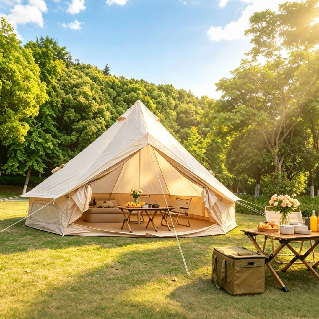 13,1ft 4-seizoenen Oxford Bell Tent met kachelopening, waterdichte grote Yurt Glamping Tent, ruime familiecampingtent voor 4-8 personen, beige
