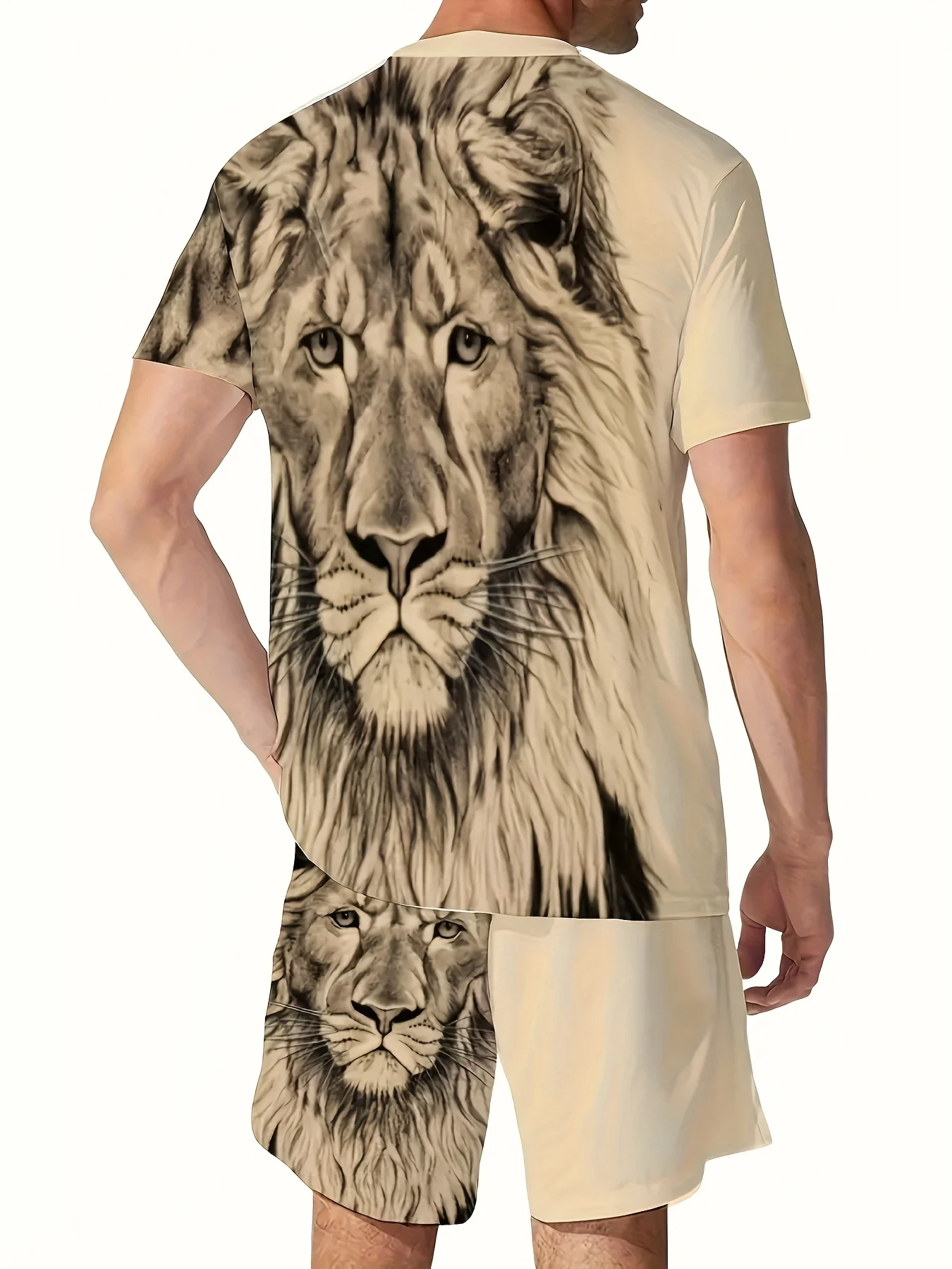 Domineering Lion Print Short-Sleeved Shorts Two-Piece Set Casual Men's Fashion Short-Sleeved Shorts Sportswear Clothing