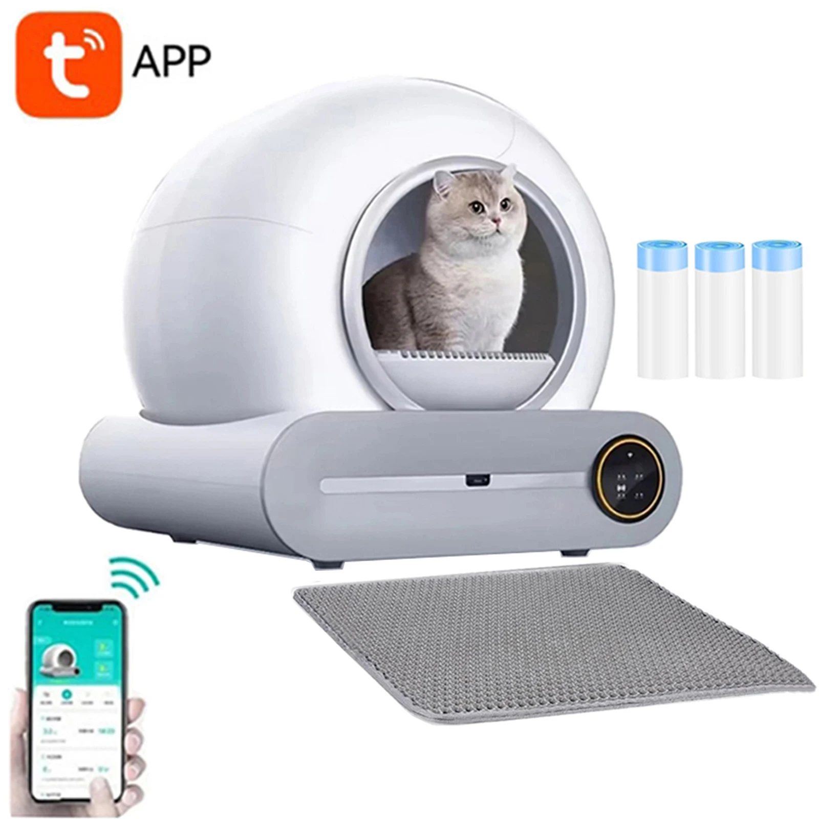 Bac à litière pour chat intelligent à auto-nettoyage de 65 L, grande capacité, commande automatique par application, bac à litière fermé avec tapis pour litière pour chat, sacs à déchets