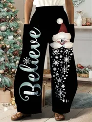 Halloween Women's Pants Christmas Thin Elastic Waistband Wide Leg Pants High Waist Pants Holiday Women's Santa Claus