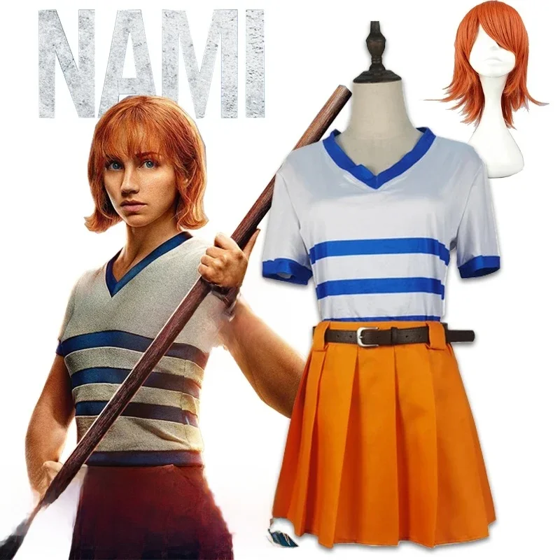 Costume de cosplay Nami pour films et anime, uniforme Nami, chemise, jupe, perruque Nami, vêtements de performance pour fête d'Halloween pour femmes