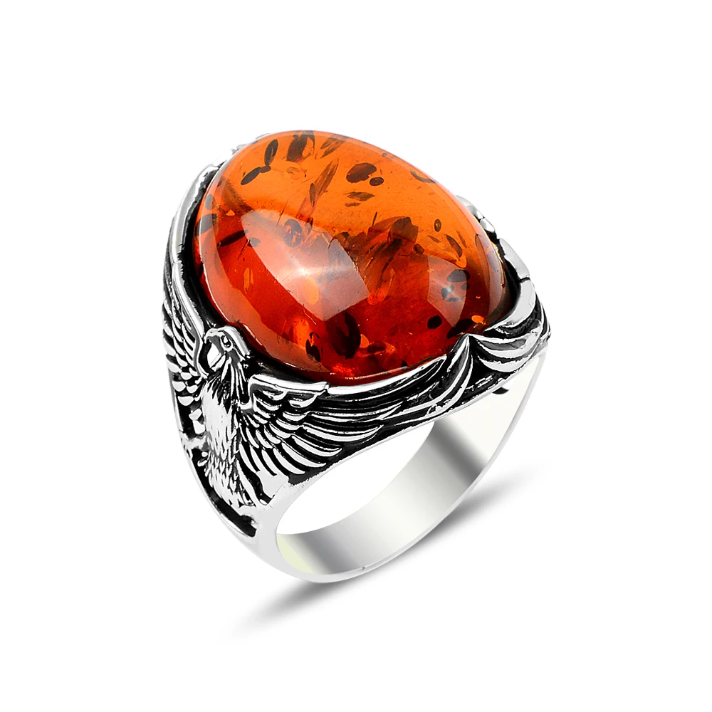 Men Silver Eagle Ring, Amber Oval Gemstone Mens Ring  Eagle Figured Ring  Ottoman Jewelry  925 Sterling Silver Ring