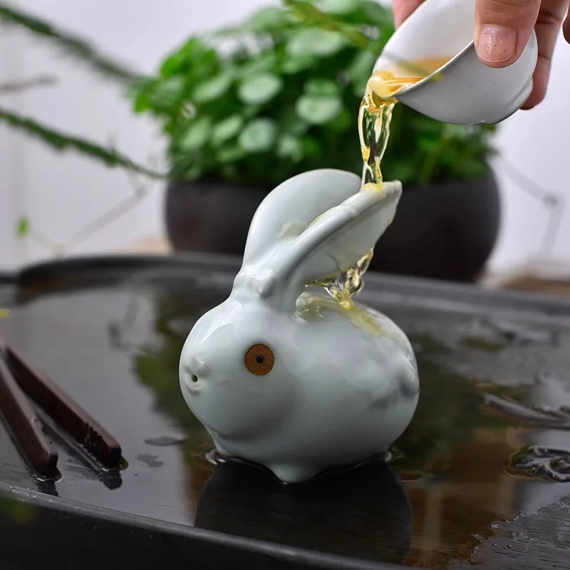 New Year Rabbit Tea Pet Ornaments, Fine and Cultivable Cracking Auspicious Sculptures, Ru Kiln Tea Sets, Tea Tray Ornaments