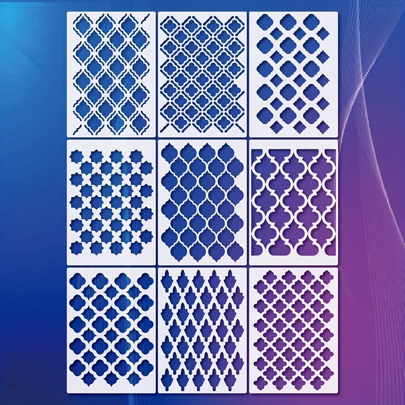 9-teiliges geometrisches A4-Schablonen-Set, wiederverwendbare Muster für DIY-Projekte, dekorative Vorlagen für Wände, Leinwand, Möbel, Stoff – P