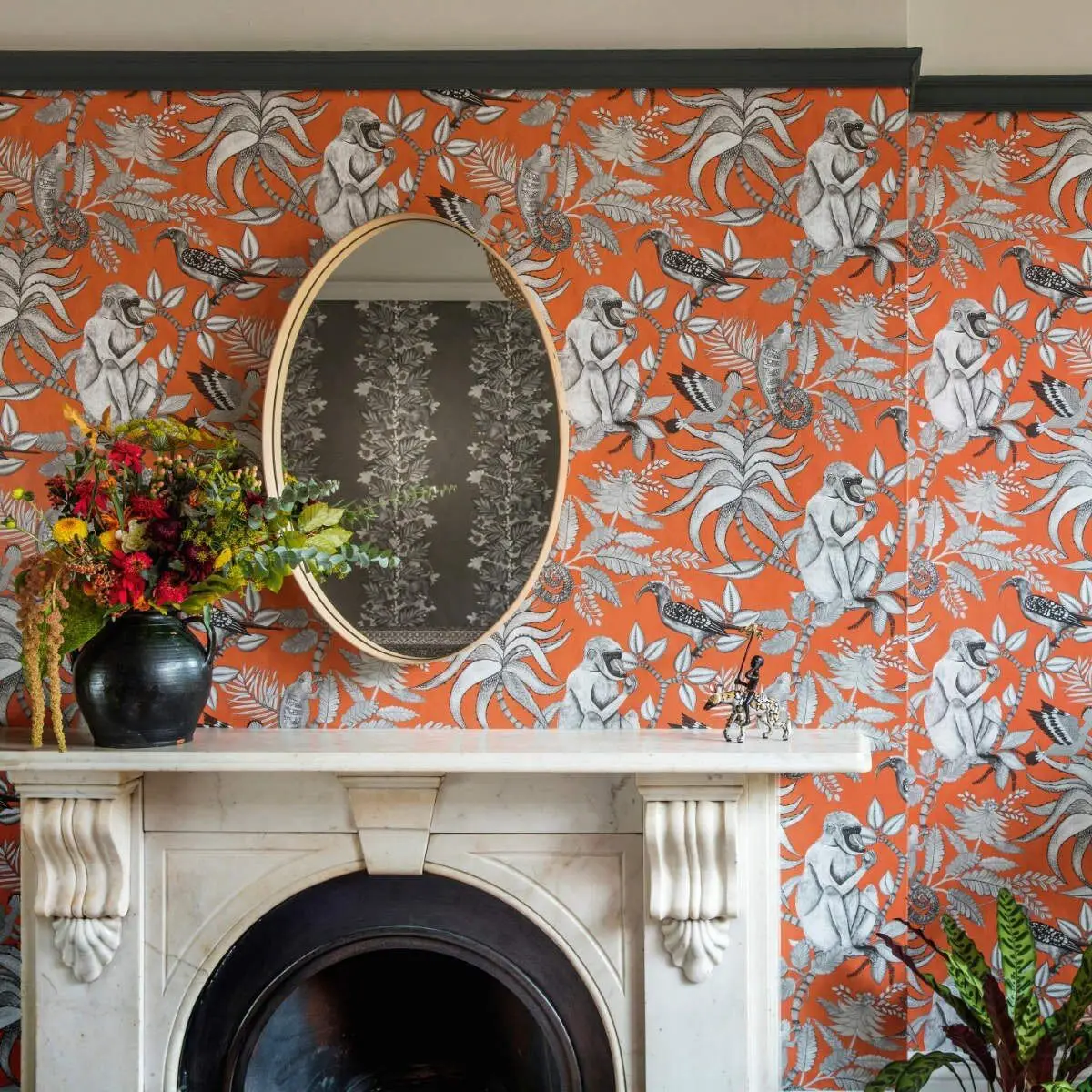 Quirky animal jungle Wallpaper with baboon, chameleon and exotic birds with bold orange back, Nordic Wall paper SAVUTI