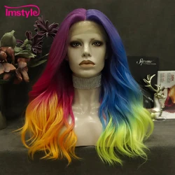 Imstyle tęczowa peruka koronkowa syntetyczna koronka peruka Front Muilticolor peruki dla kobiet Cosplay odporna na ciepło naturalna falista koronkowa peruka