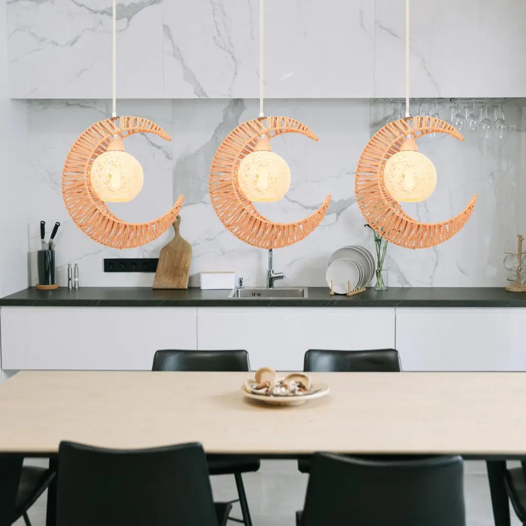 Retro Gelb Rattan Hanf Seil Mond Anhänger Licht Wohnzimmer Schlafzimmer Restaurant Bar Handgemachte Droplight Wohnkultur Lampe ﻿