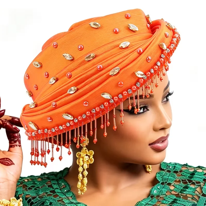 New model, exquisite and three-dimensional pleated headscarf hat, with beads that gently sway and give a shimmering and flowing