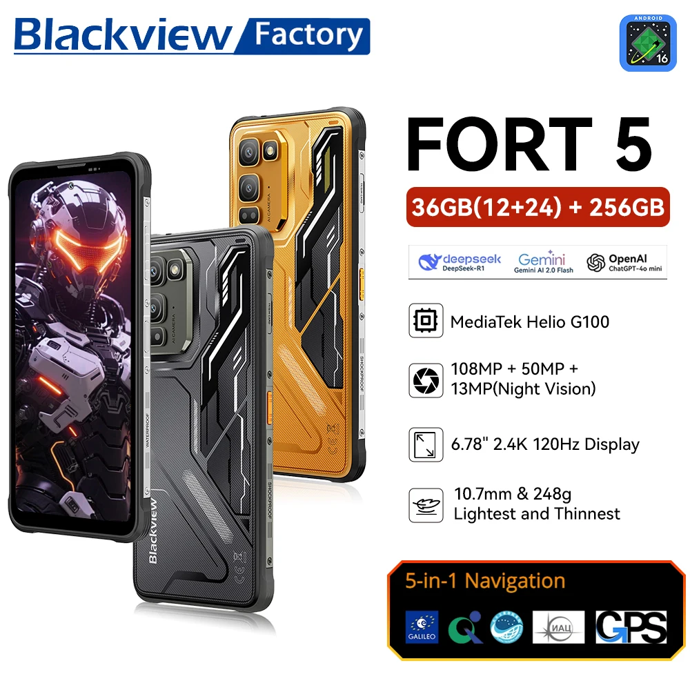 Blackview FORT 5 — защищенный смартфон с 6,78-дюймовым HD+ IPS-дисплеем, разрешением 2,4K и частотой обновления 120 Гц, процессором MediaTek, 12 ГБ оперативной памяти и 256 ГБ встроенной памяти, 108-мегапиксельной каме