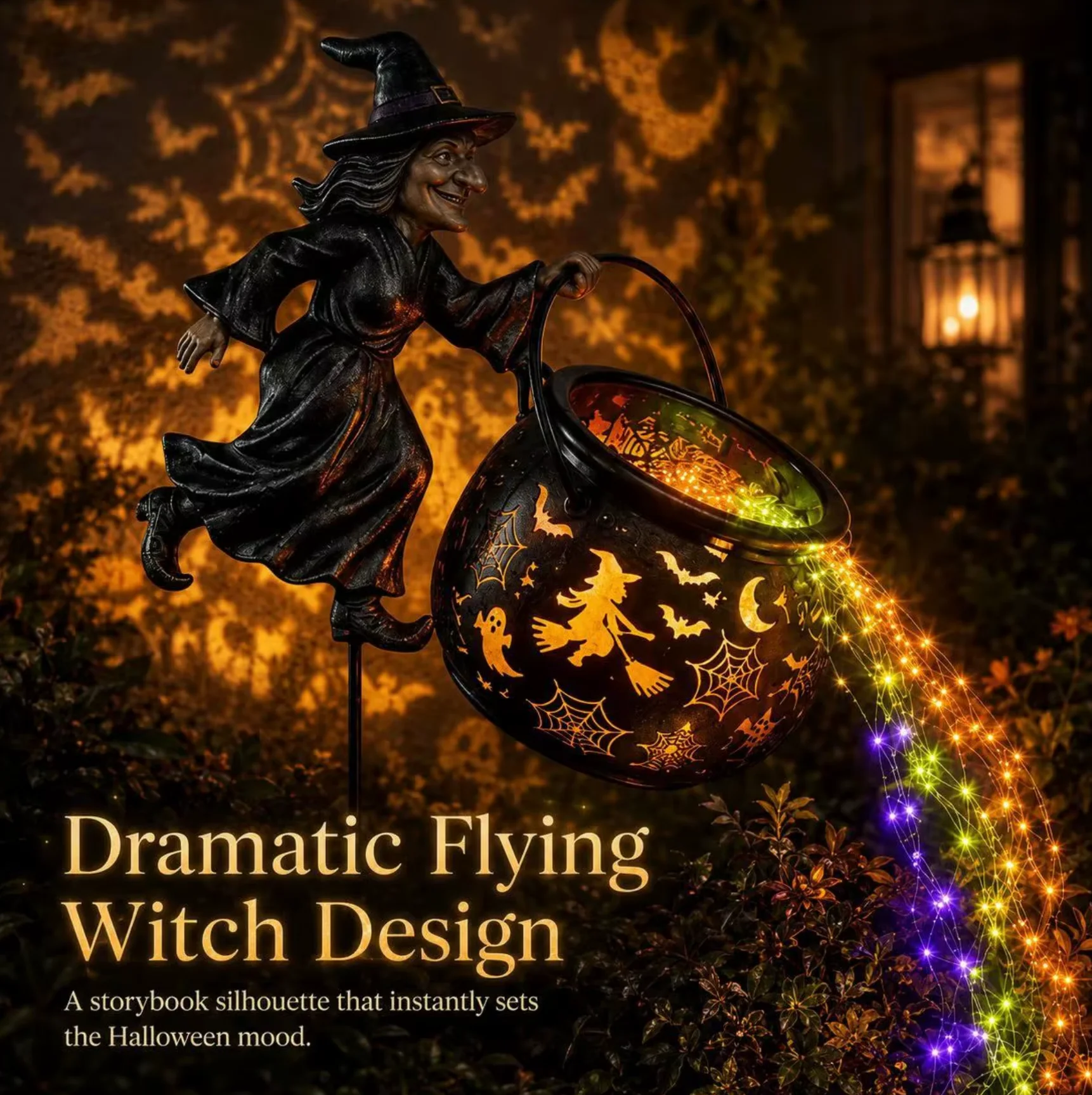 Halloween Magical Flying Witch Cauldron Garden Light LED String Light , Outdoor Patio Yard Decorations Whimsical Gnome Statue - view 2