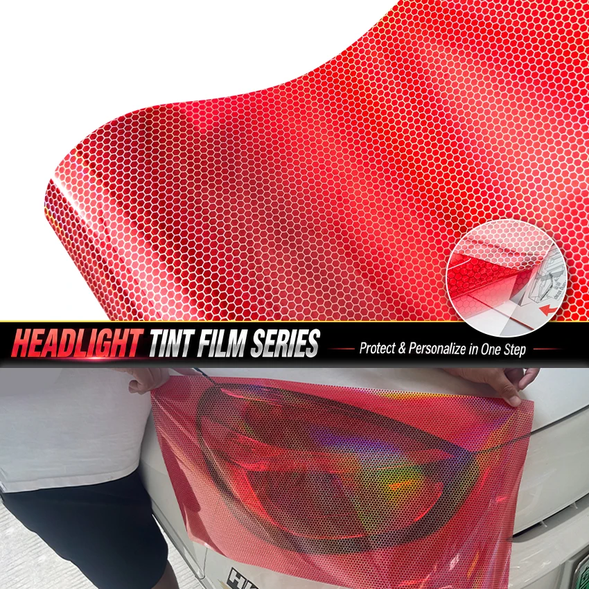 JDM 30x60/200cm Red Laser Honeycomb Headlight Tint Film VLT30% Rainbow Light Wrap Taillight Styling Vinyl Sticker Car Motorcycle