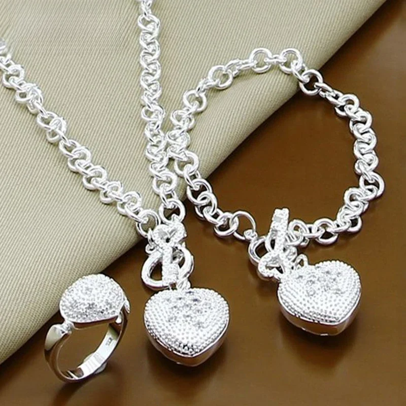 DOTEFFIL 925 Sterling Silver AAA cyrkon bransoletka z sercem naszyjnik zestaw pierścionków dla kobiety ślub przyjęcie zaręczynowe urok biżuterii — zdjęcie 2