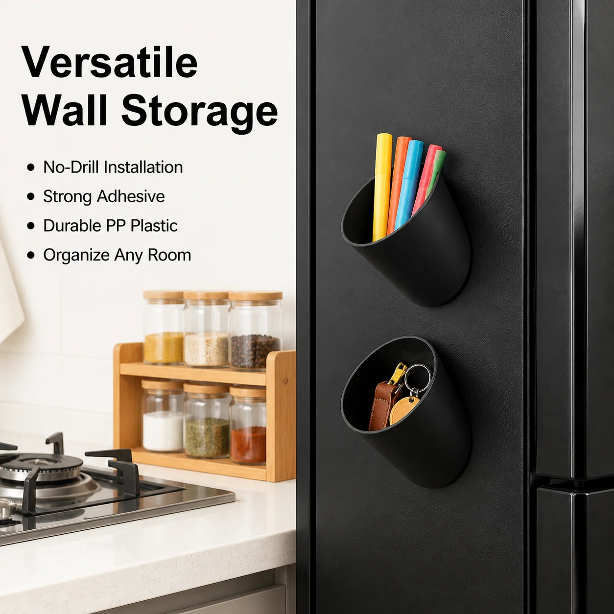 1L Capacity Individual Wall Storage Cups, Small Item Holder for Kitchen, Minimalist PP Key Holder 32g Yellow or Black