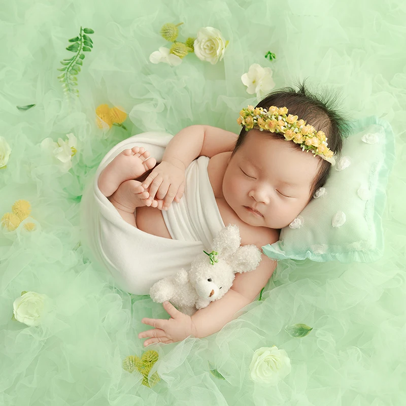 Accessoires de photographie pour nouveau-né, accessoires de photographie de bébé, rond doux, oreiller en dentelle, fond de gaze de maille, ensemble de fleurs à thème vert, 0-1 Momth