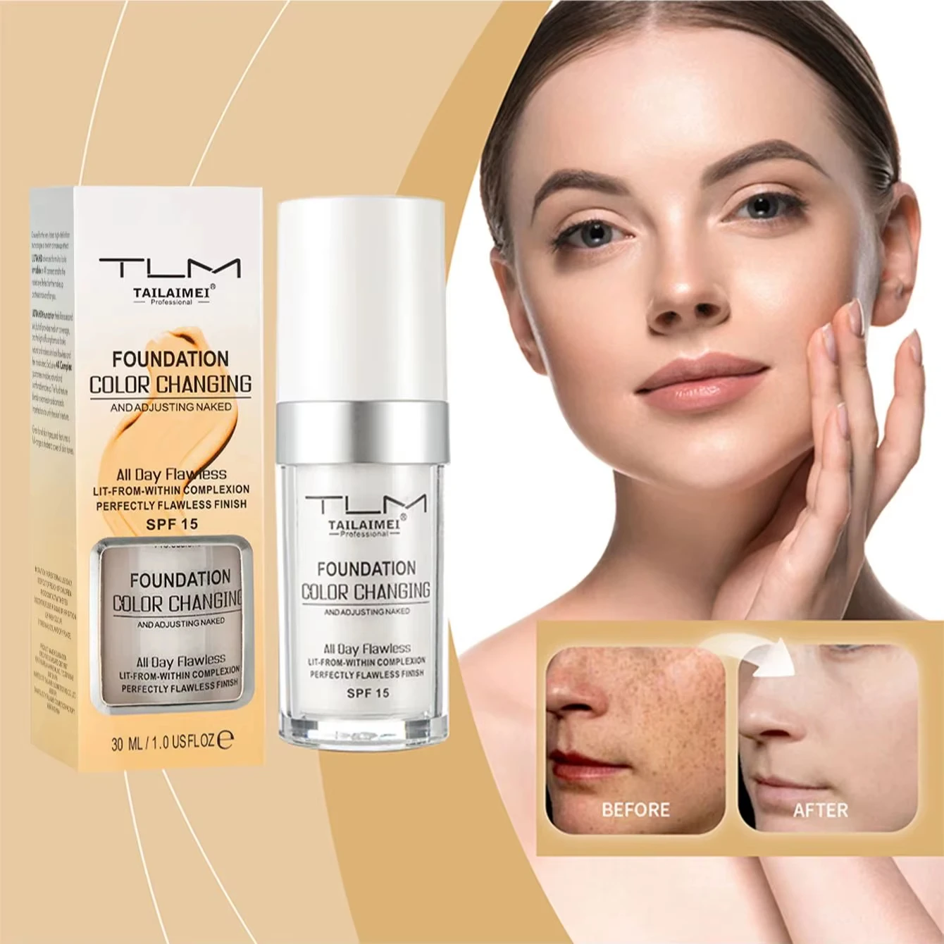 Farbwechselnde Foundation SPF15 Feuchtigkeitsspendende Hautton-Abstimmende Flüssige Foundation Natürliche Abdeckung Gesichtskosmetik