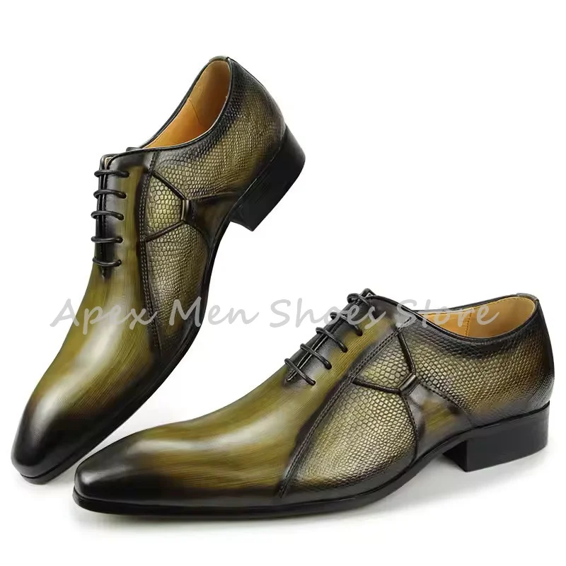 

Vintage Green Gradient Snake Skin Patent Leather Oxford Shoes Handmade Lace Up Dress Formal Shoes Business Men's Office Shoes