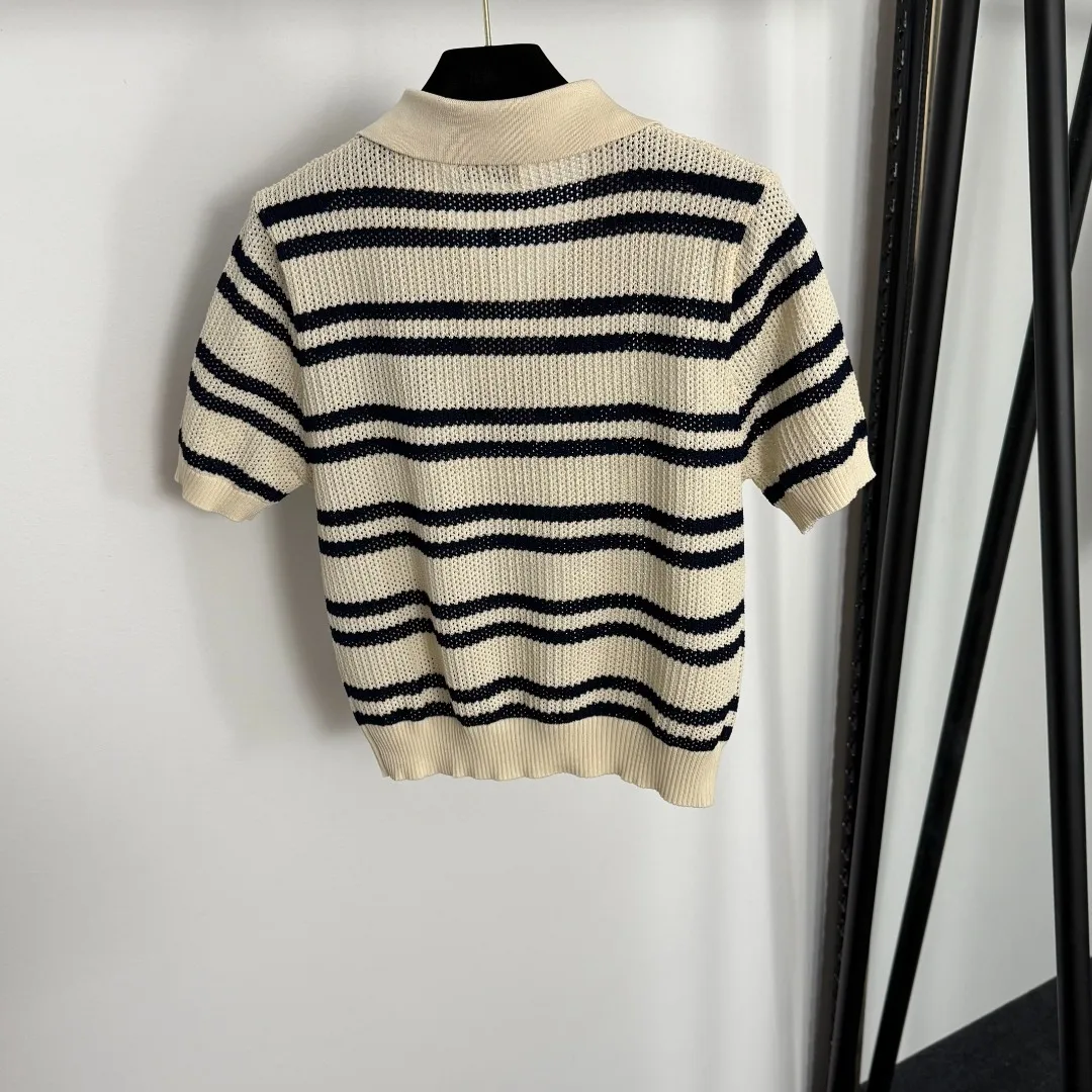 

2025 Spring and Summer Fashion Women's Clothing All-match High Elastic Embroidery Letter Lapel Short Sleeve Striped Knitted Swea