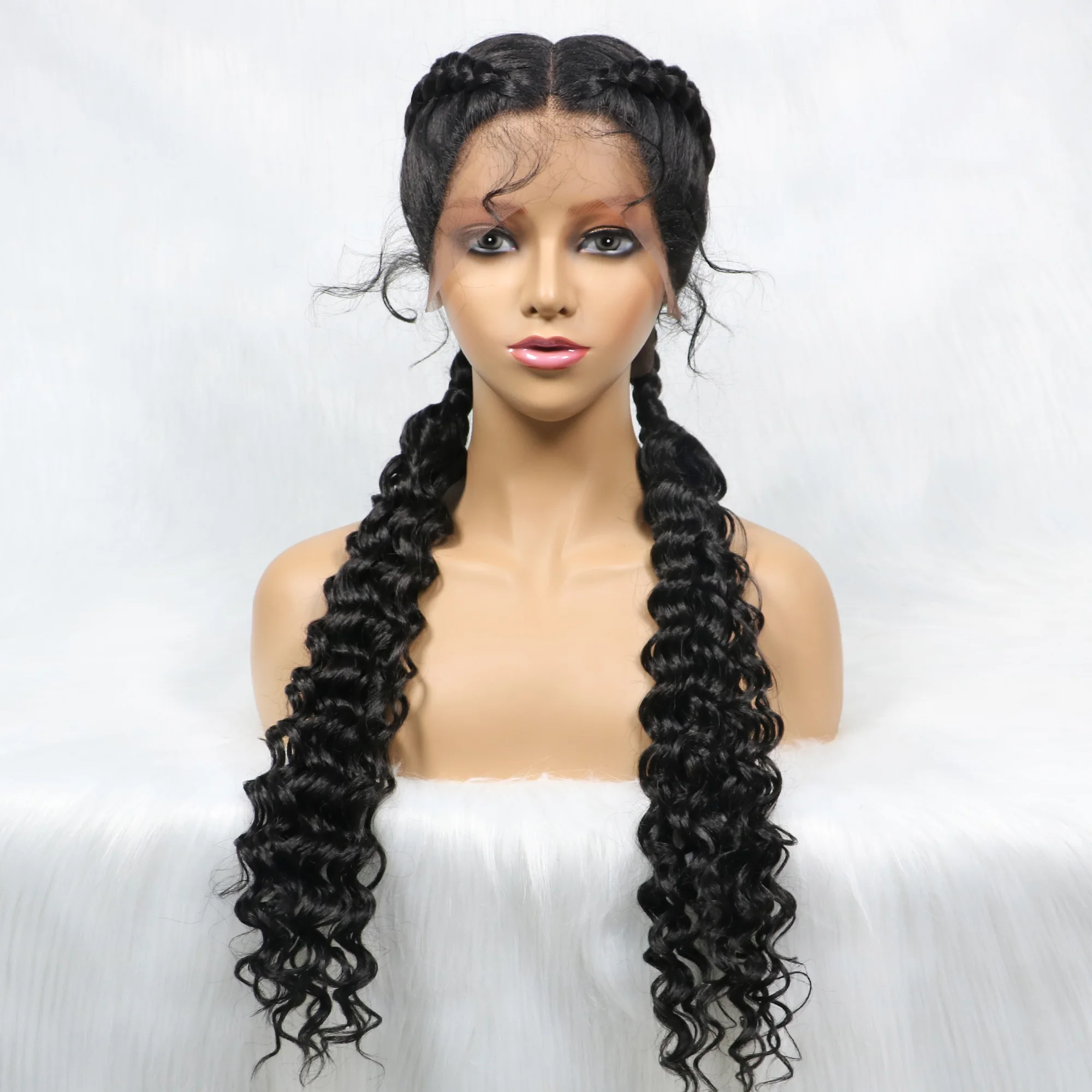 Synthetic 28 Inches Lace Front Hair Wig Black Curly Long For African Woman Afro Frontal Cornrow Twist Boxing Braided Wigs