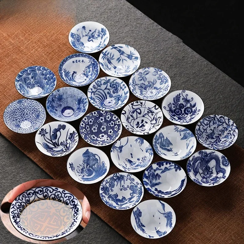 1 szt Chińska niebiesko-biała porcelanowa filiżanka do herbaty Wykwintny ręcznie malowany ptak Bambusowy kapelusz Miska do herbaty Mistrz Medytacja Zestaw do herbaty 55 ml — zdjęcie 2