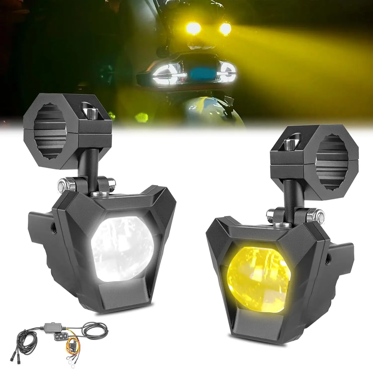 Motorcycle fog light LED work light Automotive 30W x 2 lights White 6000K Yellow 3000K 2 color switching strobe 3 lighting modes