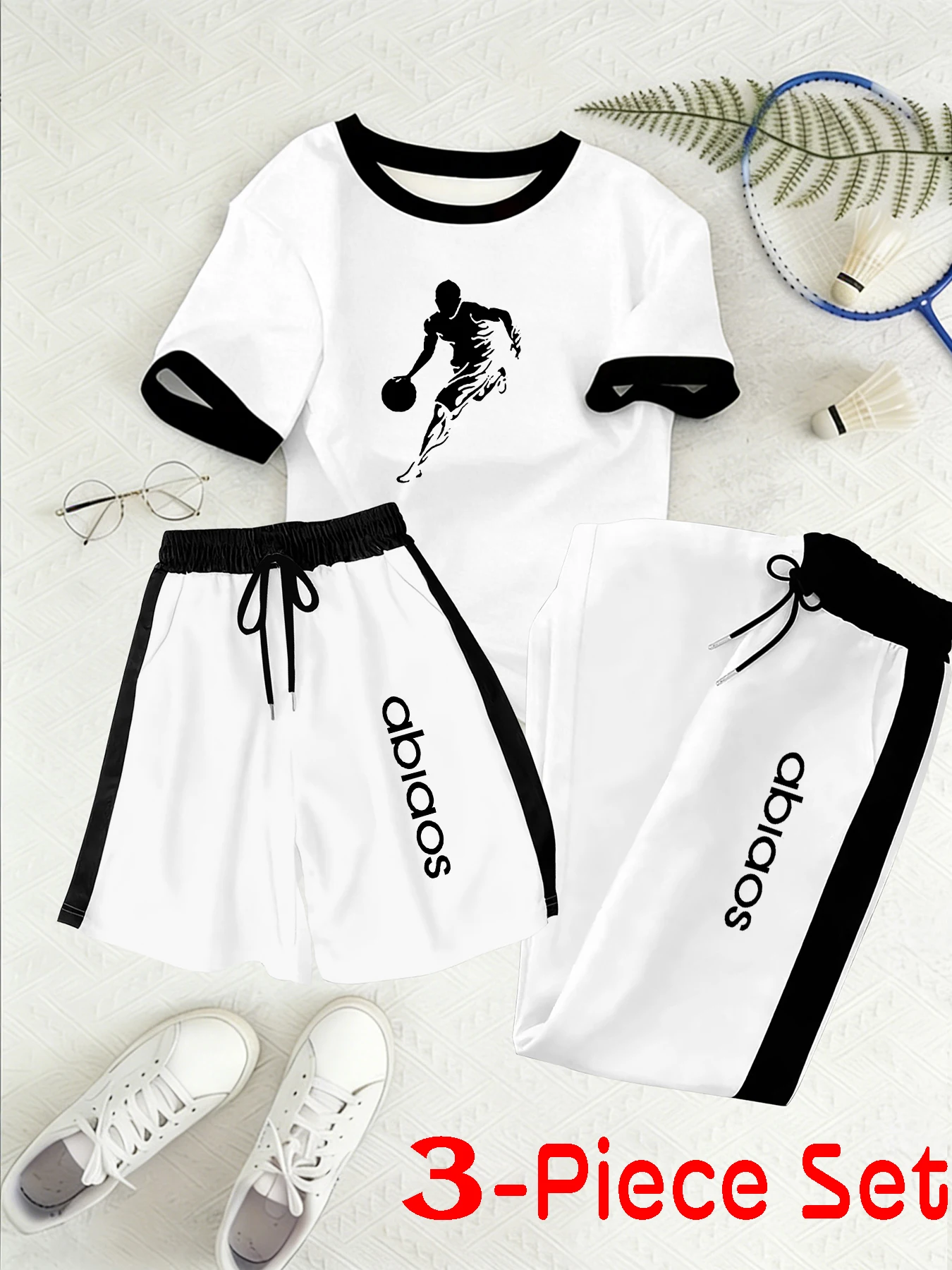 

Summer Sports Basketball Silhouette Print Short-Sleeved Set with Contrasting Edges, Casual Style Three-Piece Loose and Comfortable Sports Set