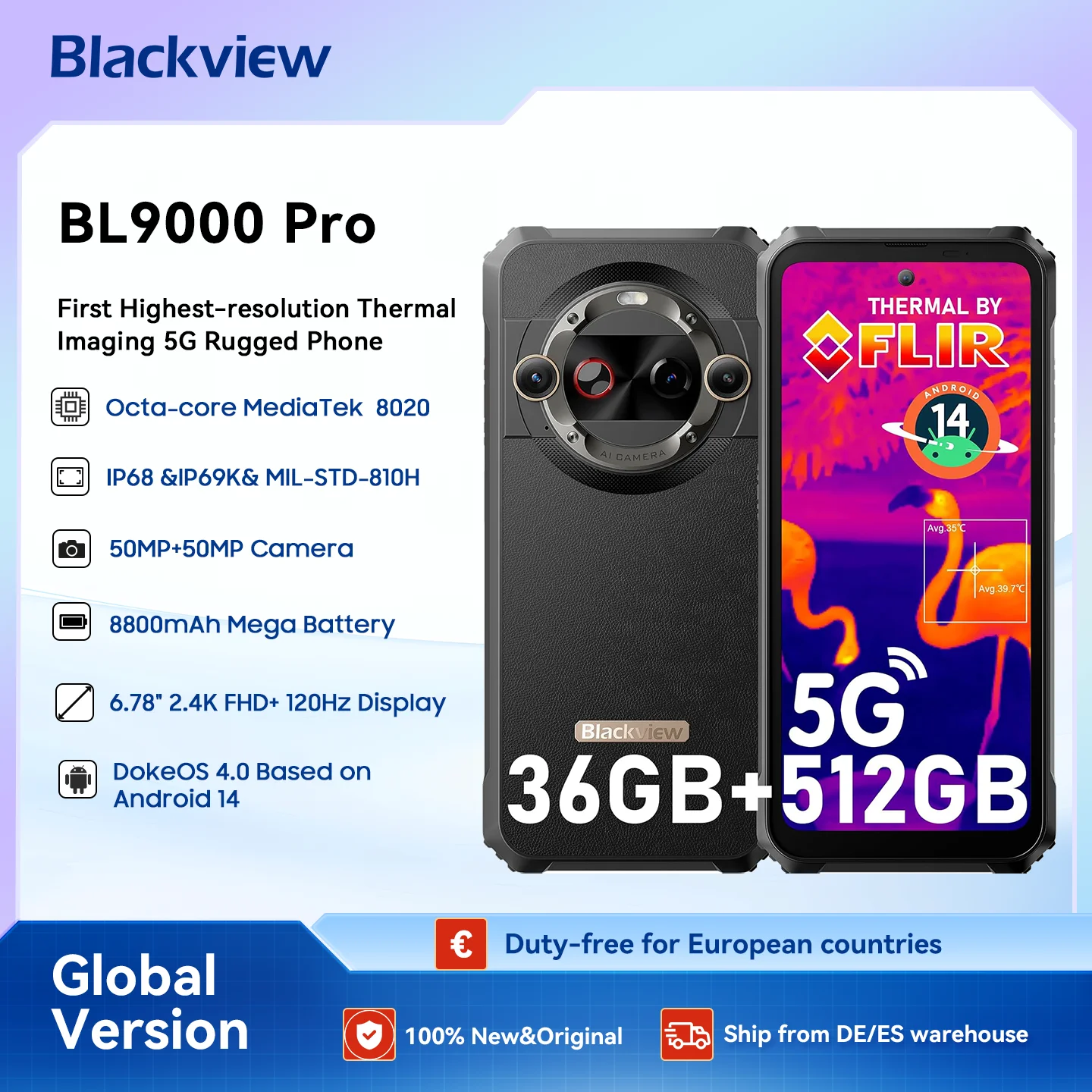Blackview BL9000 PRO 5G Smartphone robuste 6.78 ''FHD affichage 12GB 512GB caméra d'imagerie infrarouge FLIR 8800mAh/120W Android 14