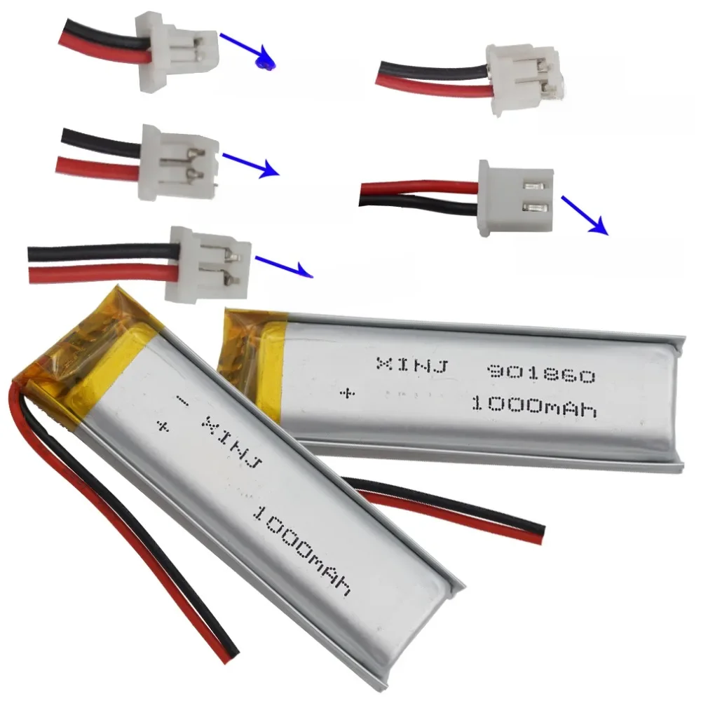 2 pces 3.7v 1000 mah polímero li bateria de lítio 901860 jst 2pin 1.0/1.25/1.5/2.0/2.54mm conector