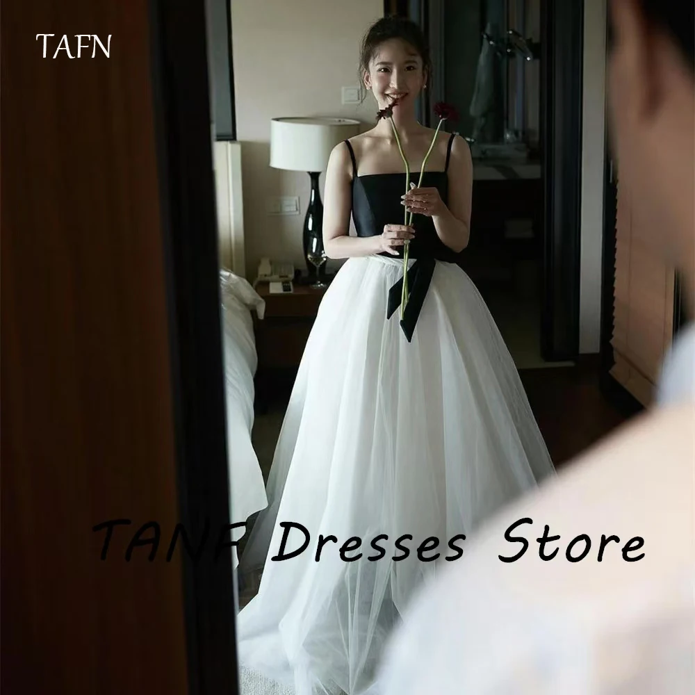 

TAFN Simple Black White Korea Wedding Dresses Customized Spaghetti Strap Formal Evening Photos Shoot Corset Performance Gown