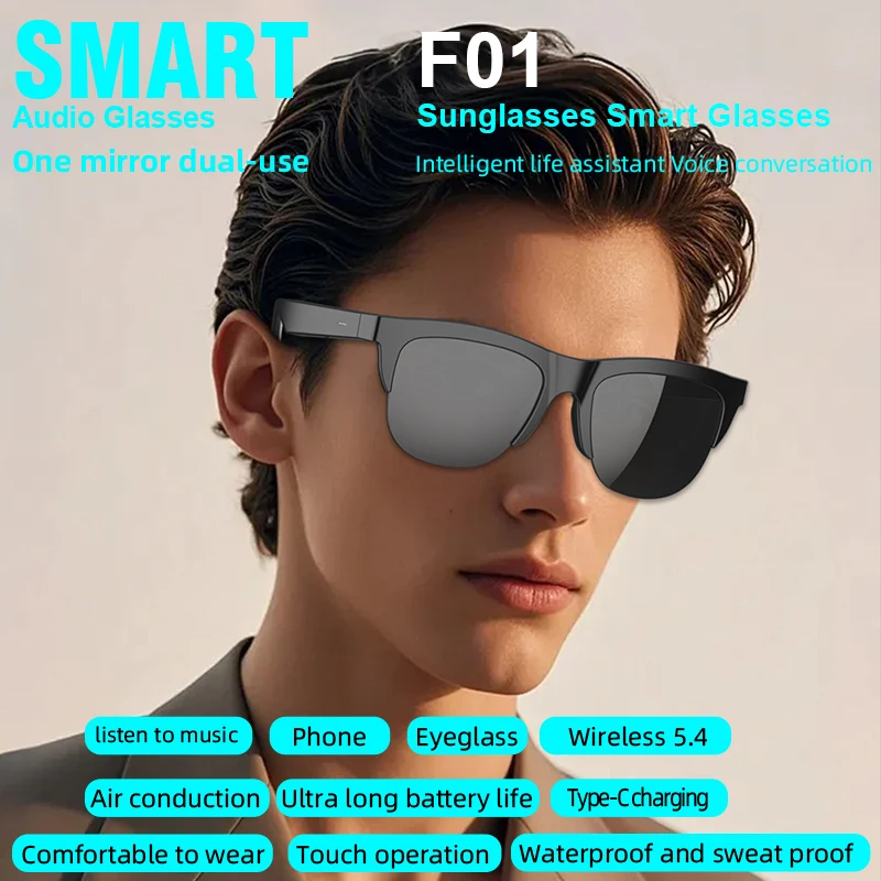 

F-01 Wireless Bluetooth Smart Glasses, Built-in HD Speakers Microphone Voice Assistant Hands-Free Calling Music Men And Women