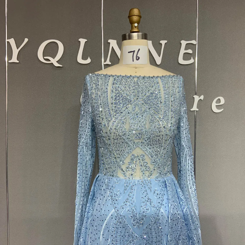 2023 Light Blue Full Sleeves Evening Dresses Muslim Long Embroidered Lace Formal Women Mermaid Gown For Party YQLNNE