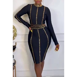 Plus Size Party Dress Black Rhinestone Long Sleeve Bodycon Midi Dress