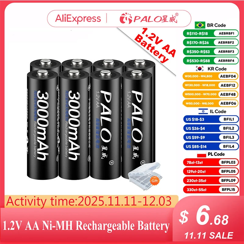 PALO 100% Nguyên Bản 1.2V Pin Sạc AA 3000MAh Ni-MH AA Rechargeble Pin Cho Camera Chống Thả Đồ Chơi xe Ô Tô