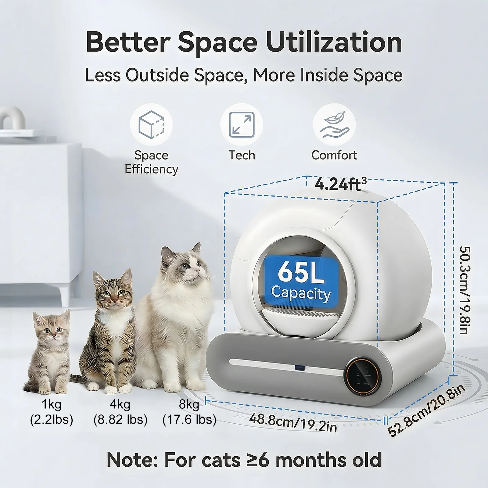 Intelligente Selbstreinigende Katzentoilette 65L Große Kapazität Automatische Katzentoilette WiFi Tuya APP-Steuerung Halbgeschlossene Sicherheits-Geruchskontrolle Katzentoilette mit Streumatte & 3 Rollen Müllbeuteln (Dieser Link bietet zwei Optionen) – Detail 8