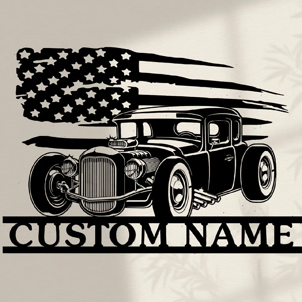 Custom Hot Rod Metal Sign, Wall Art Decor with The American Flag Design, Present for Father's Day, for Man Cave/Garage Ornaments