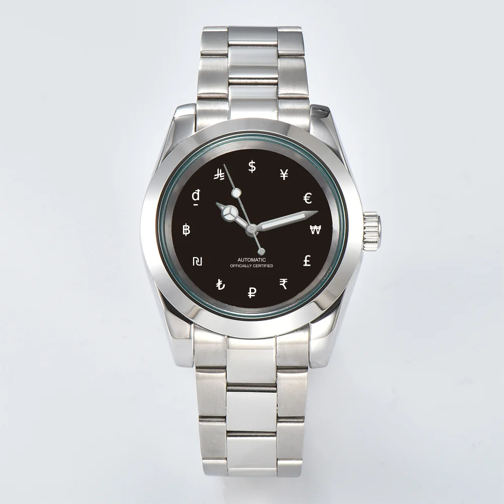 Automatic Mechanical Watch Men Global Currency Symbols Dial Stainless Steel Waterproof Business Wristwatch