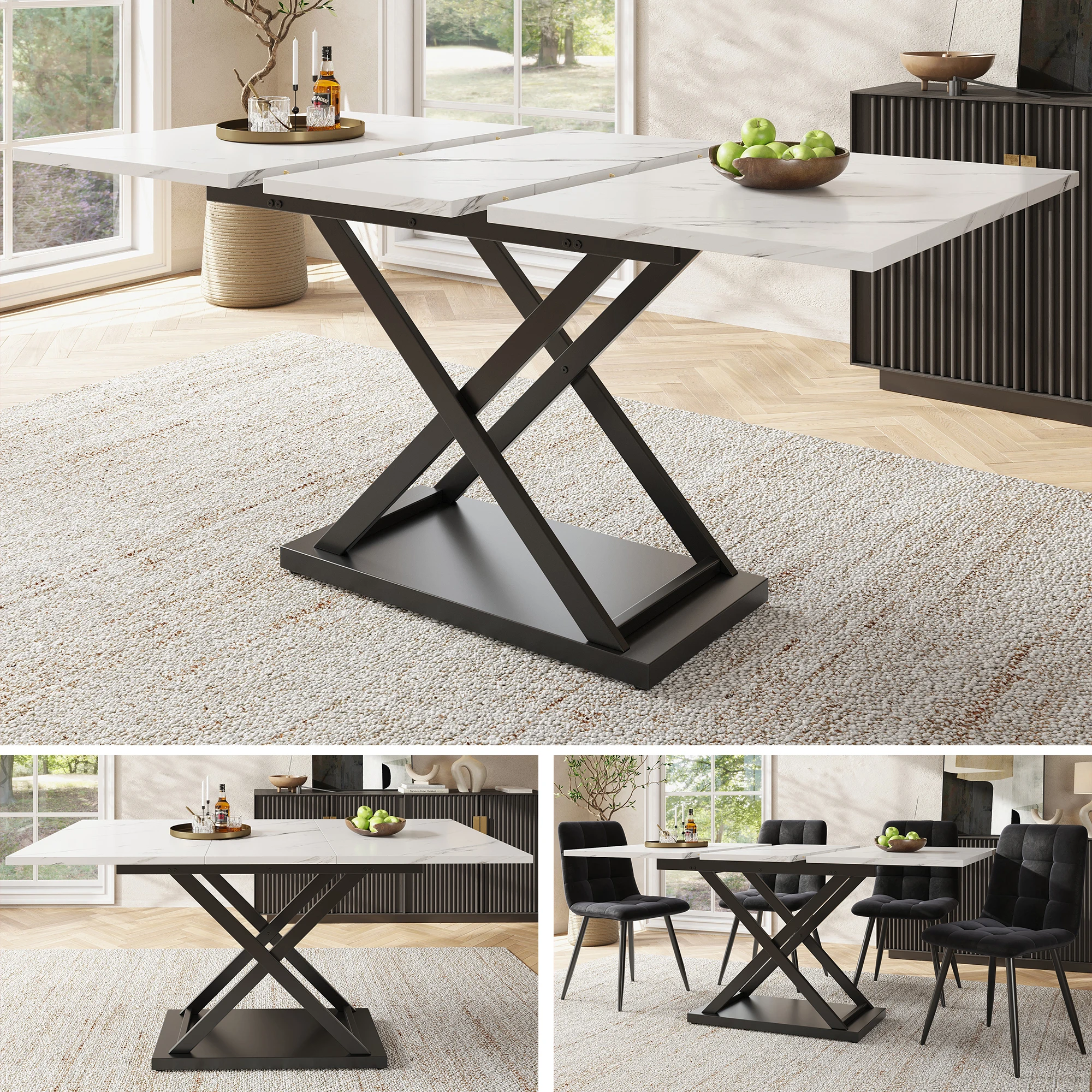 Table à manger, table extensible, table de cuisine, bureau télescopique 120-160×80 cm avec plateau effet marbre blanc et pieds en métal noir. Compact et multifonctionnel, idéal pour la cuisine, le salon, les repas quotidiens en famille et les réunions à la maison