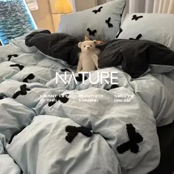 Light Luxury New Blue Bow Quilt Cover Washed Embroidered Bed Sheet Sour-Piece Set Bedding Dormitory Bed Girls Soft and Warm
