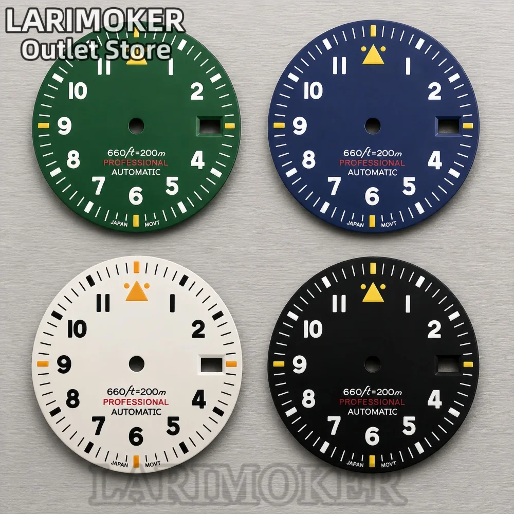 LARIMOKER 29mm Pilot Style Watch Dial Large Arabic Numerals Green Luminous Date Window Fit NH35 Automatic Movement Mod Parts