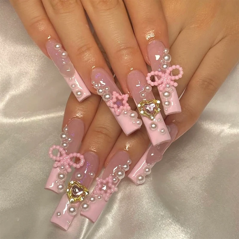 24Pcs Pink Water Pipe Cute Sweet Diamond Style French False Nails Pearl Bow Wearable Fake Nail Press On Nail Long Coffin