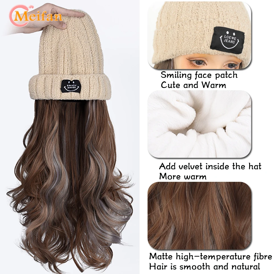 MEIFAN Winter Warm Knitted Hat Wig Integrated Long Water Wave Curly Hairpiece Korean Trendy Warm Versatile Hat Wig for Women