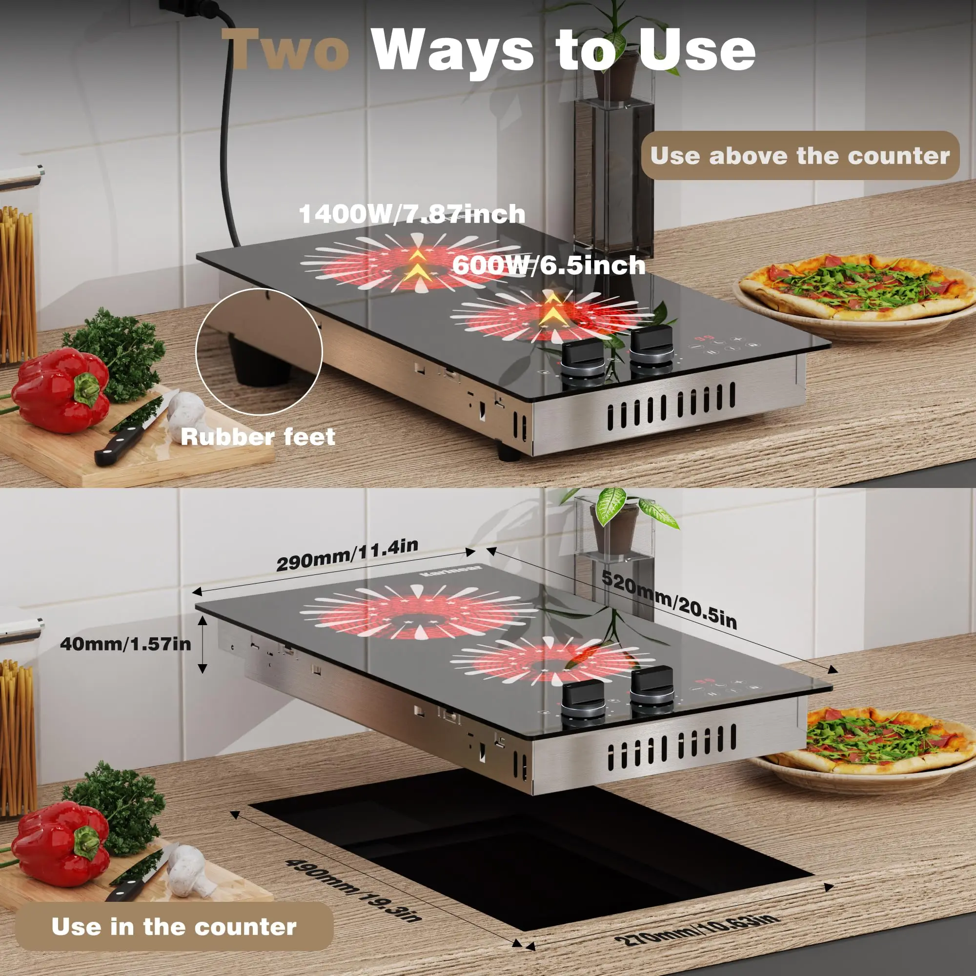 كارينير 110 فولت موقد كهربائي 2 شعلة، موقد كهربائي 12 بوصة مع توصيل، كونترتوب وموقد سيراميك مدمج، مقبض 1