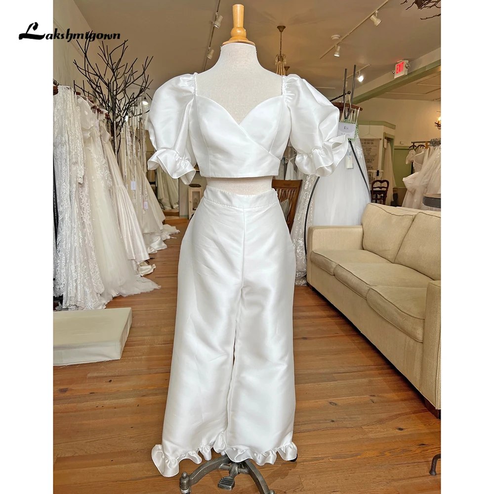 Simple Sexy Sweetheart Short Puff Sleeve Back Button Pleat Satin Jumpsuit Wedding Dress Custom For Women Boho Bride Gown Vestido