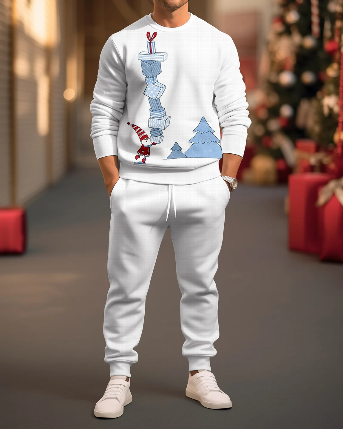 Roupas de natal terno masculino outono e inverno personalidade especial férias roupas masculinas crewneck manga longa topo + calças