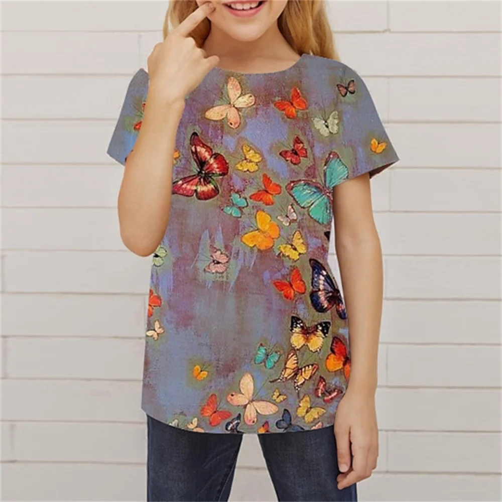 Kids Girls' T shirt Short Sleeve 3D Print Butterfly Animal Children Tops Streetwear Daily Indoor Outdoor Regular Fit 3-12 Years